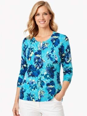 Talbots blue floral Spring cotton lightweight button up cardigan sweater size SP